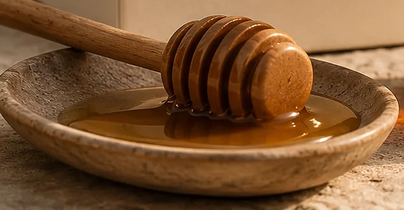 ملعقة عسل من خشب الزيتون يلمع عليها عسل السدر، مستندة في صحن خشبي صغير.