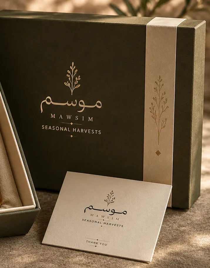 علبة «موسم» الزيتونية مغلقة بشريطها الكريمي وغصن السدر الذهبي، وأمامها بطاقة شكر