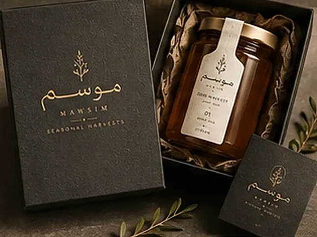 علبة التقديم السوداء مفتوحة على مرطبان من عسل السدر، وعلى غطائها اسم «موسم» بالذهب، وإلى جانبها بطاقة صغيرة